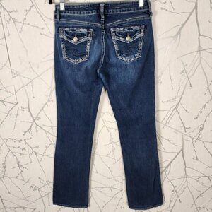 Silver Dark Wash Stretch Denim Flap Pocket Mid Rise Slim Boot Jeans